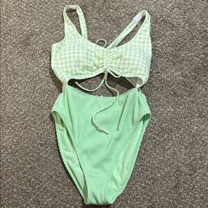 Green Gingham Cutout Swimsuit